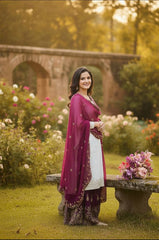 Wine and White Silk Embroidery Work Sharara Suit