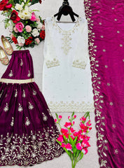 Wine and White Silk Embroidery Work Sharara Suit