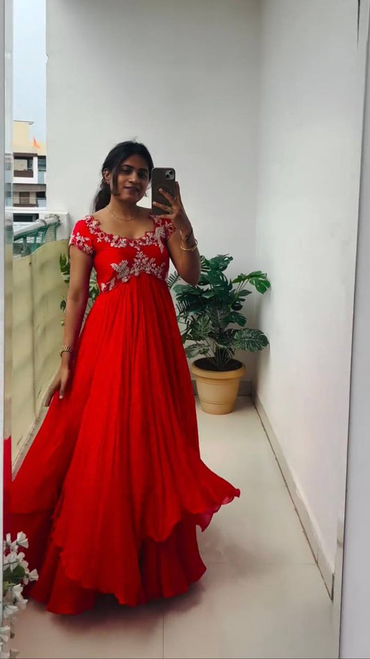 Gorgeous Red Georgette with Embroidery Sequins Work Gown