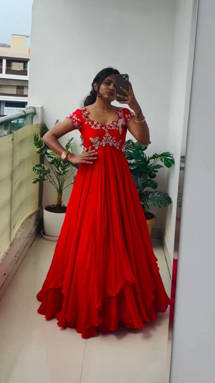 Gorgeous Red Georgette with Embroidery Sequins Work Gown