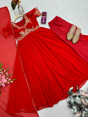 Gorgeous Red Georgette with Embroidery Sequins Work Gown