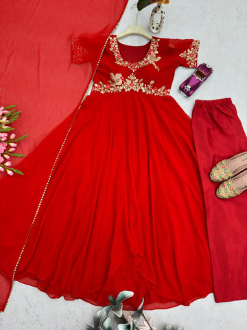Gorgeous Red Georgette with Embroidery Sequins Work Gown