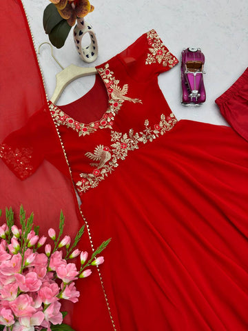 Gorgeous Red Georgette with Embroidery Sequins Work Gown