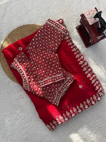 Stunning Red Fendy Silk with Beds Work Saree