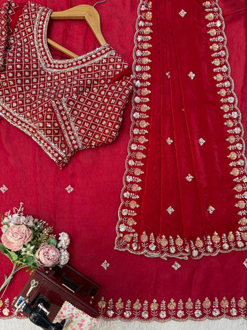 Stunning Red Fendy Silk with Beds Work Saree