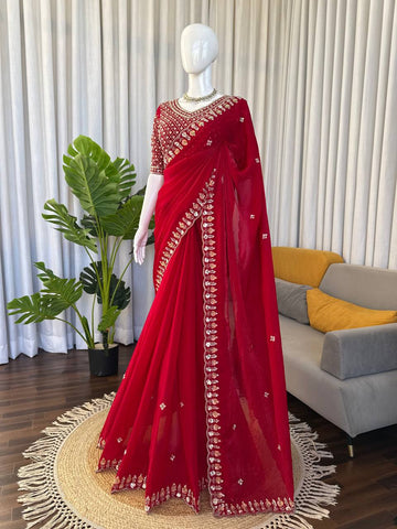 Stunning Red Fendy Silk with Beds Work Saree