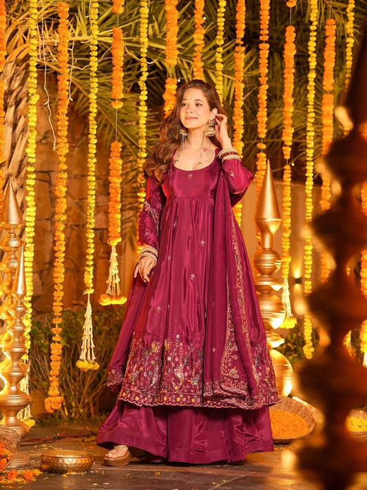 Maroon Crep Silk with Heavy Embroidery Anarkali Suit