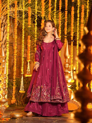 Maroon Crep Silk with Heavy Embroidery Anarkali Suit