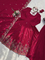 Maroon Crep Silk with Heavy Embroidery Anarkali Suit