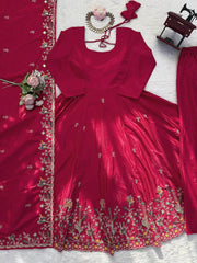 Maroon Crep Silk with Heavy Embroidery Anarkali Suit