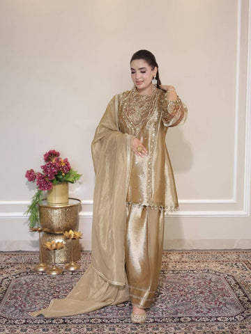 Exclusive Golden Rangoli Fabric with Beads Work Sharara Suit