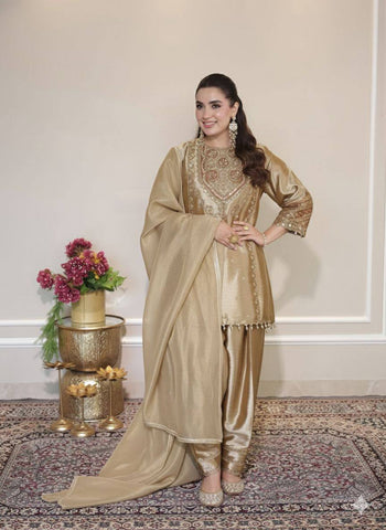 Exclusive Golden Rangoli Fabric with Beads Work Sharara Suit