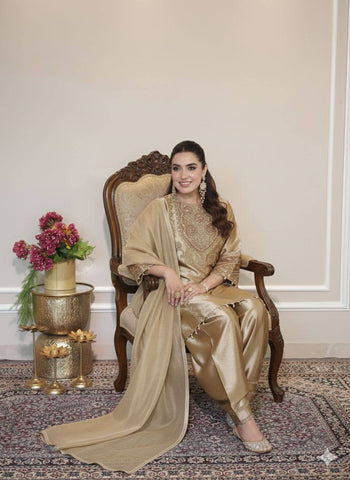 Exclusive Golden Rangoli Fabric with Beads Work Sharara Suit