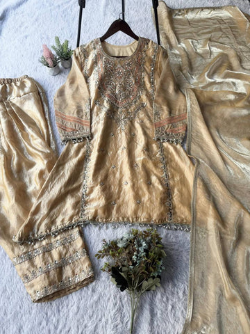 Exclusive Golden Rangoli Fabric with Beads Work Sharara Suit