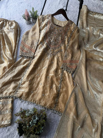 Exclusive Golden Rangoli Fabric with Beads Work Sharara Suit