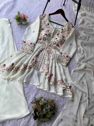 Exclusive White Rangoli Silk Sequence Embroidery Sharara Suit