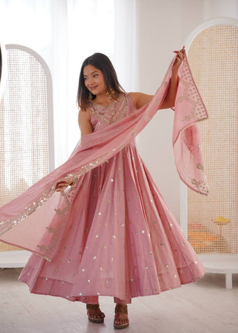 Lovely Pink Roman Silk with Embroidery Sequence Work Anarkali Gown