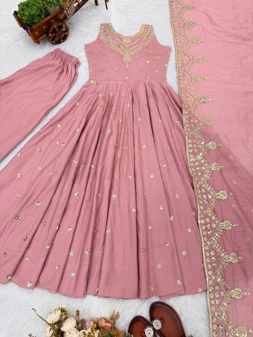 Lovely Pink Roman Silk with Embroidery Sequence Work Anarkali Gown