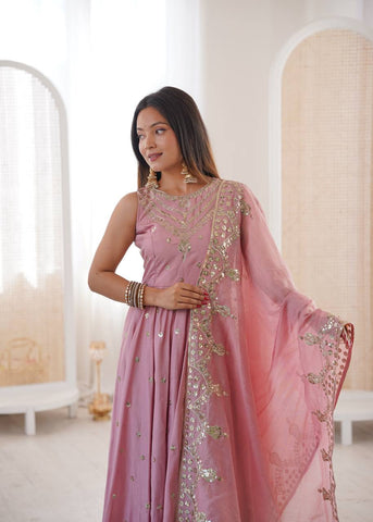 Lovely Pink Roman Silk with Embroidery Sequence Work Anarkali Gown