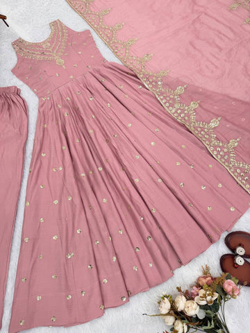 Lovely Pink Roman Silk with Embroidery Sequence Work Anarkali Gown