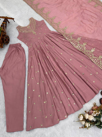 Lovely Pink Roman Silk with Embroidery Sequence Work Anarkali Gown