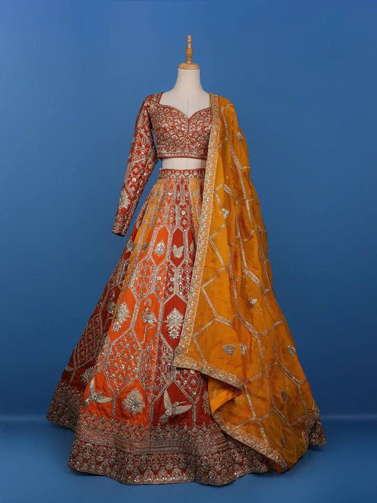 Wedding Wear Red With Orange Color Thread Work Lehenga