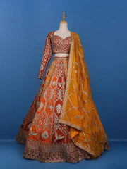 Wedding Wear Red With Orange Color Thread Work Lehenga