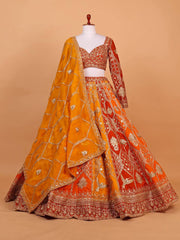 Wedding Wear Red With Orange Color Thread Work Lehenga