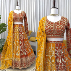 Wedding Wear Red With Orange Color Thread Work Lehenga