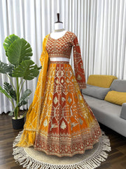 Wedding Wear Red With Orange Color Thread Work Lehenga