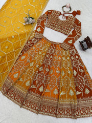 Wedding Wear Red With Orange Color Thread Work Lehenga