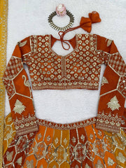 Wedding Wear Red With Orange Color Thread Work Lehenga