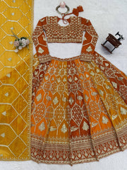 Wedding Wear Red With Orange Color Thread Work Lehenga