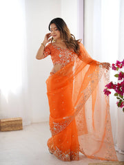Exclusive Orange Organza Silk with Thread & Sequin Work Saree