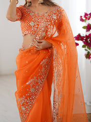 Exclusive Orange Organza Silk with Thread & Sequin Work Saree