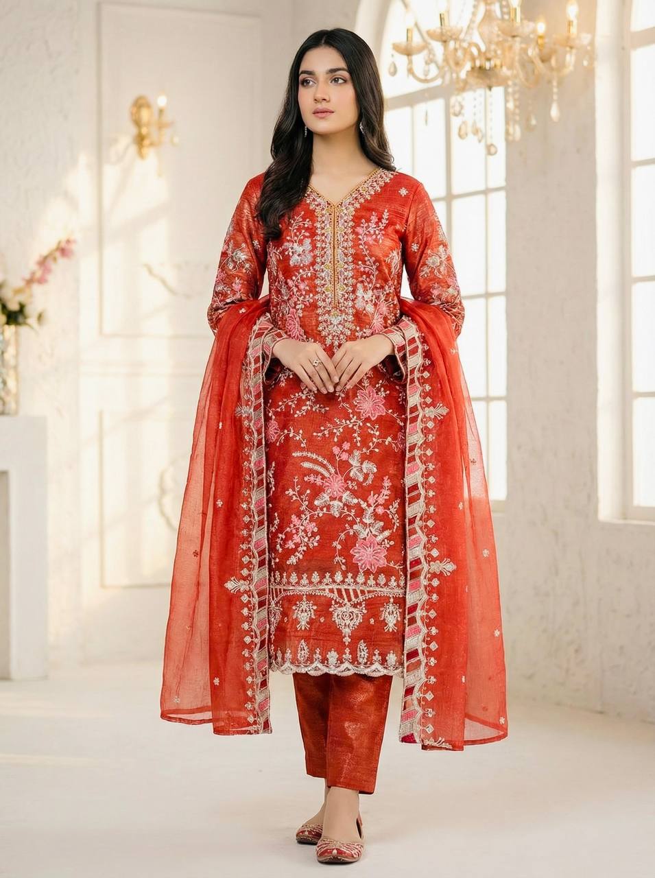 Stunning Red Crunchy Silk Embroidery Sequence Work Palazzo Suit