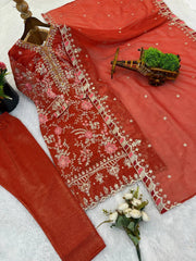 Stunning Red Crunchy Silk Embroidery Sequence Work Palazzo Suit