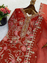 Stunning Red Crunchy Silk Embroidery Sequence Work Palazzo Suit
