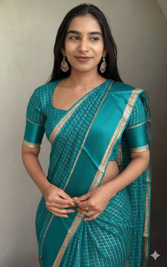 Beautiful Sky Blue Viscose Chex Work Saree