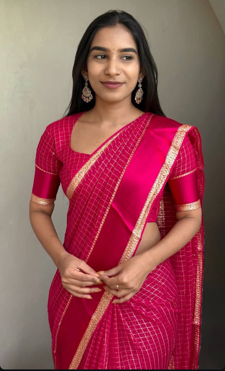 Beautiful Sky Blue Viscose Chex Work Saree