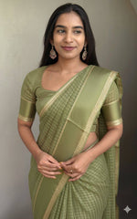 Beautiful Sky Blue Viscose Chex Work Saree