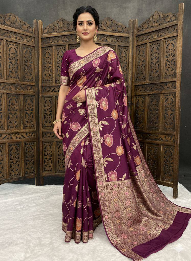 Exotic Wine Silk Zari Meenakari Work Saree