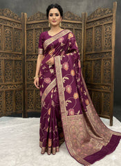 Exotic Wine Silk Zari Meenakari Work Saree