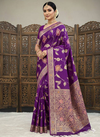 Exotic Wine Silk Zari Meenakari Work Saree