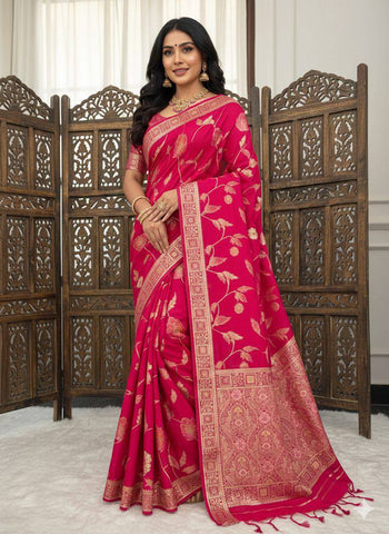 Exotic Wine Silk Zari Meenakari Work Saree