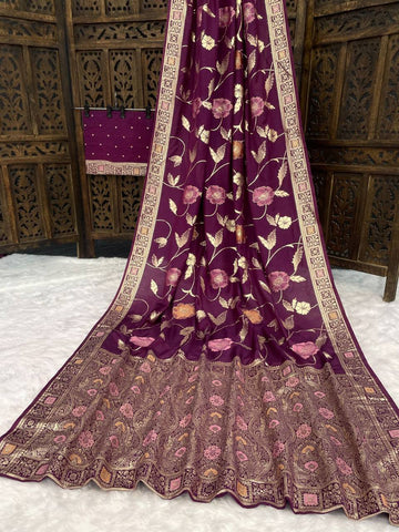 Exotic Wine Silk Zari Meenakari Work Saree