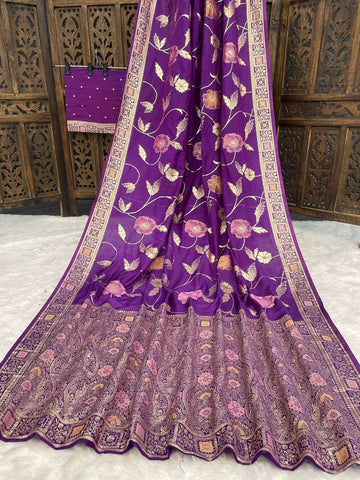 Exotic Wine Silk Zari Meenakari Work Saree