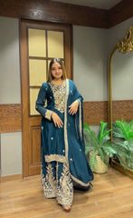 Lovely Blue Heavy Chinon Silk Embroidery Work Sharara Suit