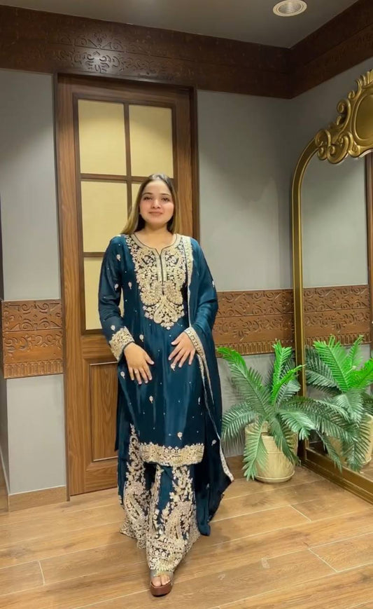 Lovely Blue Heavy Chinon Silk Embroidery Work Sharara Suit