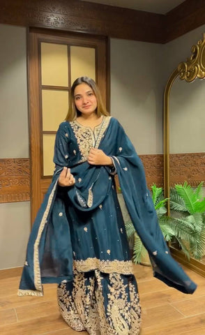 Lovely Blue Heavy Chinon Silk Embroidery Work Sharara Suit